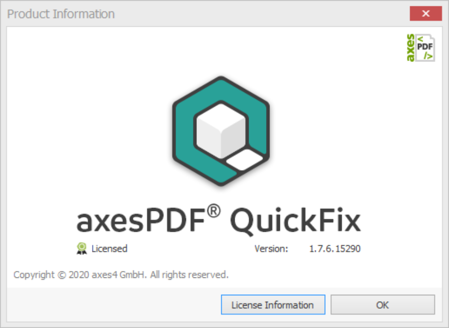 Screenshot axesPDF QuickFix infobox Product Information