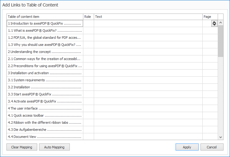 Dialoge box: Add Links to Table of Content