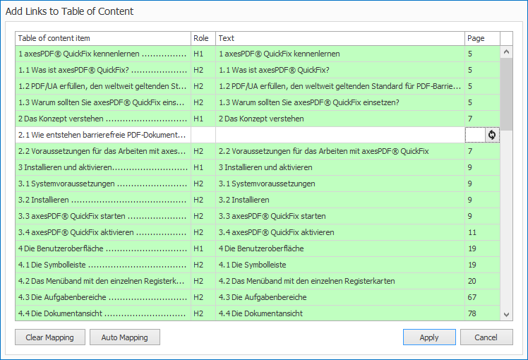 Dialoge box: Add Links to Table of Content - Mapping missing
