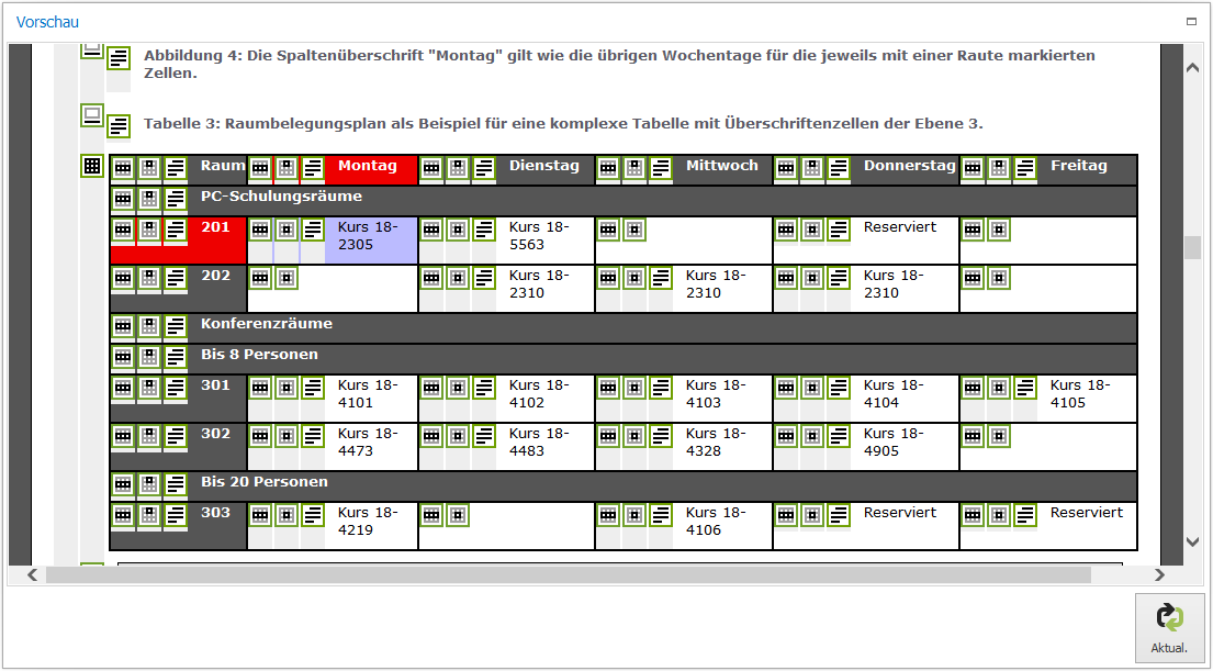 Screenreader-Vorschau: komplexe Tabelle - Maus auf Datenzelle