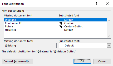 Word-Dialogbox: Font Substitution