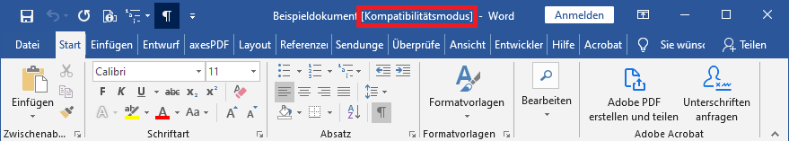 Word-Statuszeile - Kompatibilitätsmodus